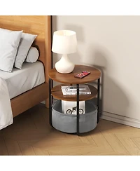 homfan 3-Tier Round Computer Desk , 23.6" Metal Frame ,Fabric Storage ,Bedside Table for Bedroom, Living Room, Office Space-Saving