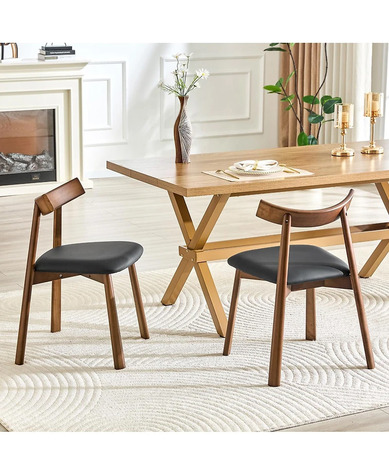 Streamdale Furniture 2 Walnut Solid Wood Dining Chairs with Pu Cushions and Curved Backrests
