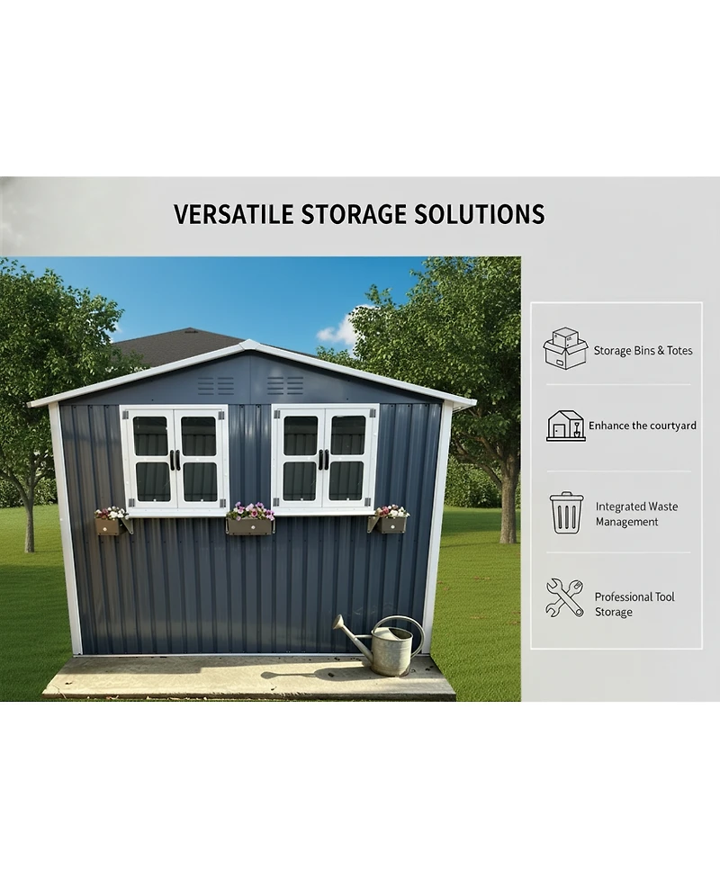 Streamdale Furniture 6x9 Ft Outdoor Metal Storage Shed with Window Flower Rack and Lockable Doors