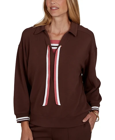 Ruby Rd. Petite Stripe Trim Drawstring Pullover Top