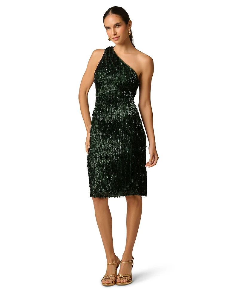 Adrianna Women's One-Shoulder Fringe Sequin Long Dress