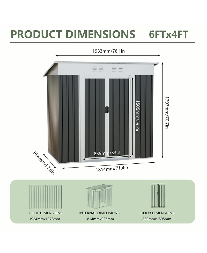 Streamdale Furniture 6x4 Feet Metal Outdoor Garden Storage Shed With Sliding Door