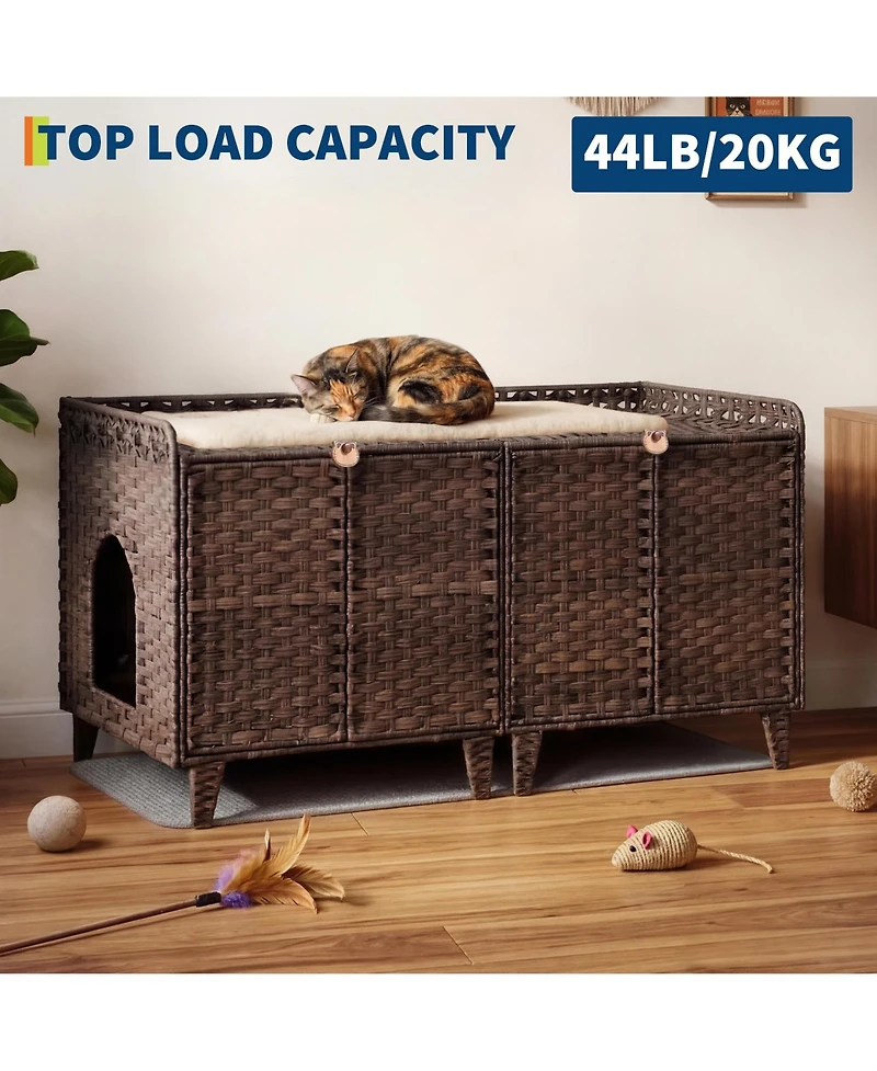 homfan Rattan Cat Litter Box Enclosure for 2 Cats – Large Hidden Furniture with Doors, Mat and Hooks, Double Cabinet