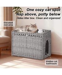 homfan Rattan Cat Litter Box Cabinet – Large Hidden Enclosure with Mat and Barrier, Handwoven Boho Style Furniture with Lightweight Metal Frame