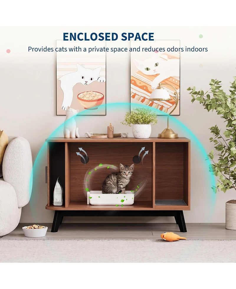 homfan Cat Litter Box End Table - 39" Hidden House Enclosure with Sliding Door, Mat, Multi-Functional Wooden Pet Cabinet for Living Room