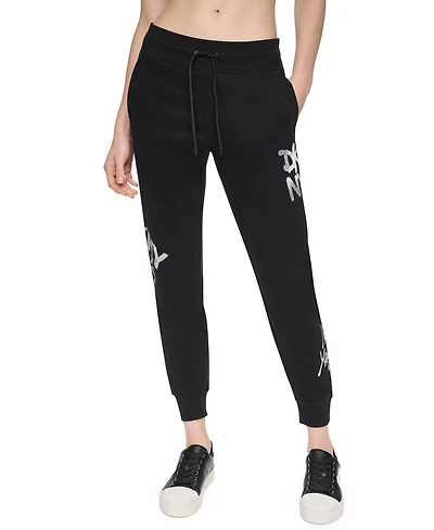 Dkny Sport Women's Graffiti Logo Mid-Rise Rib Waist Cuff Joggers