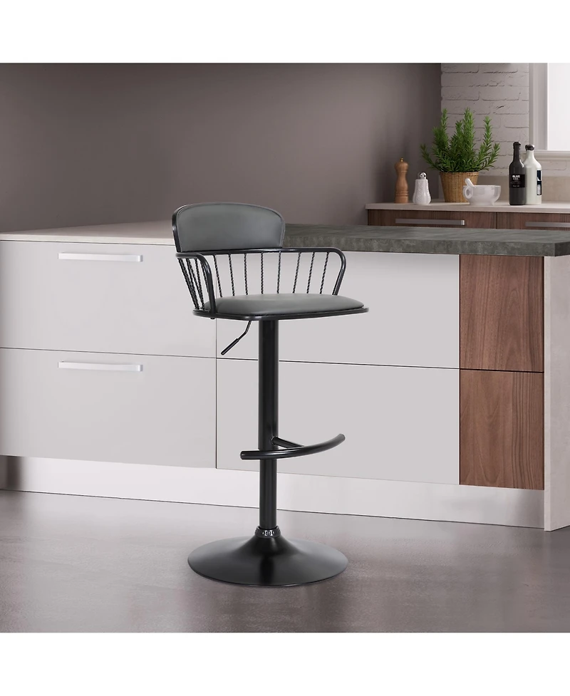 Clihome Leather Adjustable Bar Stool with Metal Backrest, Modern Swivel Counter Height Chair, Metal Base Kitchen Stool