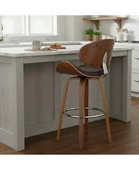 Clihome Leather Swivel Bar Stool with Light Wood Legs, Modern Upholstered Counter Height Chair, Kitchen Island Stool