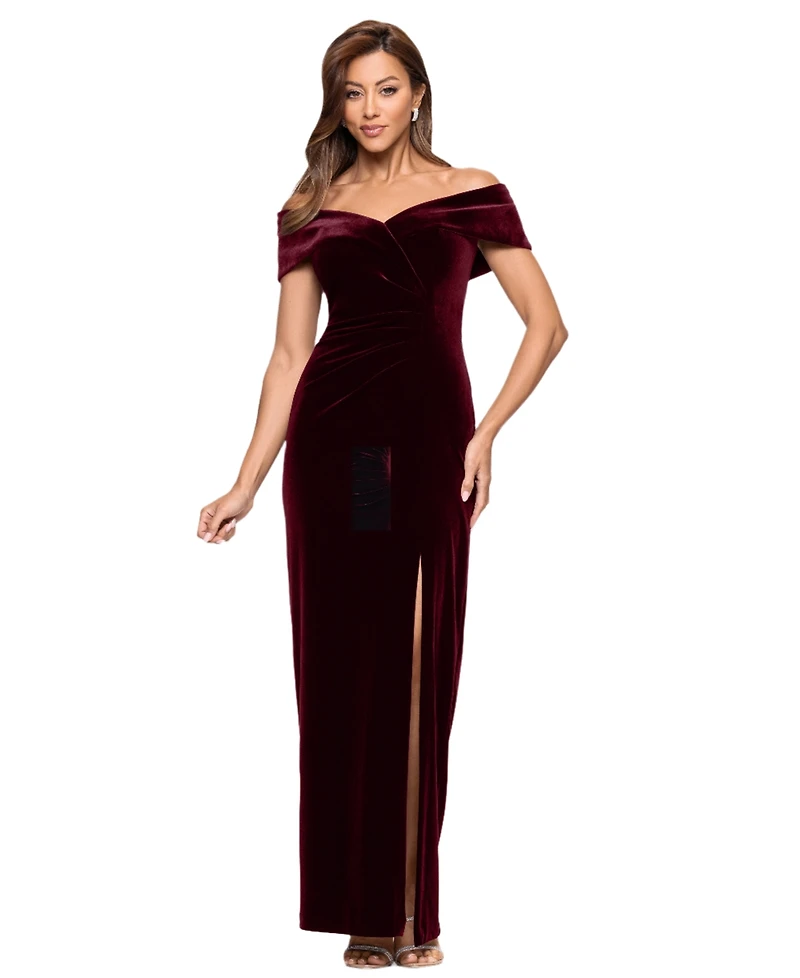 Xscape Women's Velvet Off-The-Shoulder Leg-Slit Gown