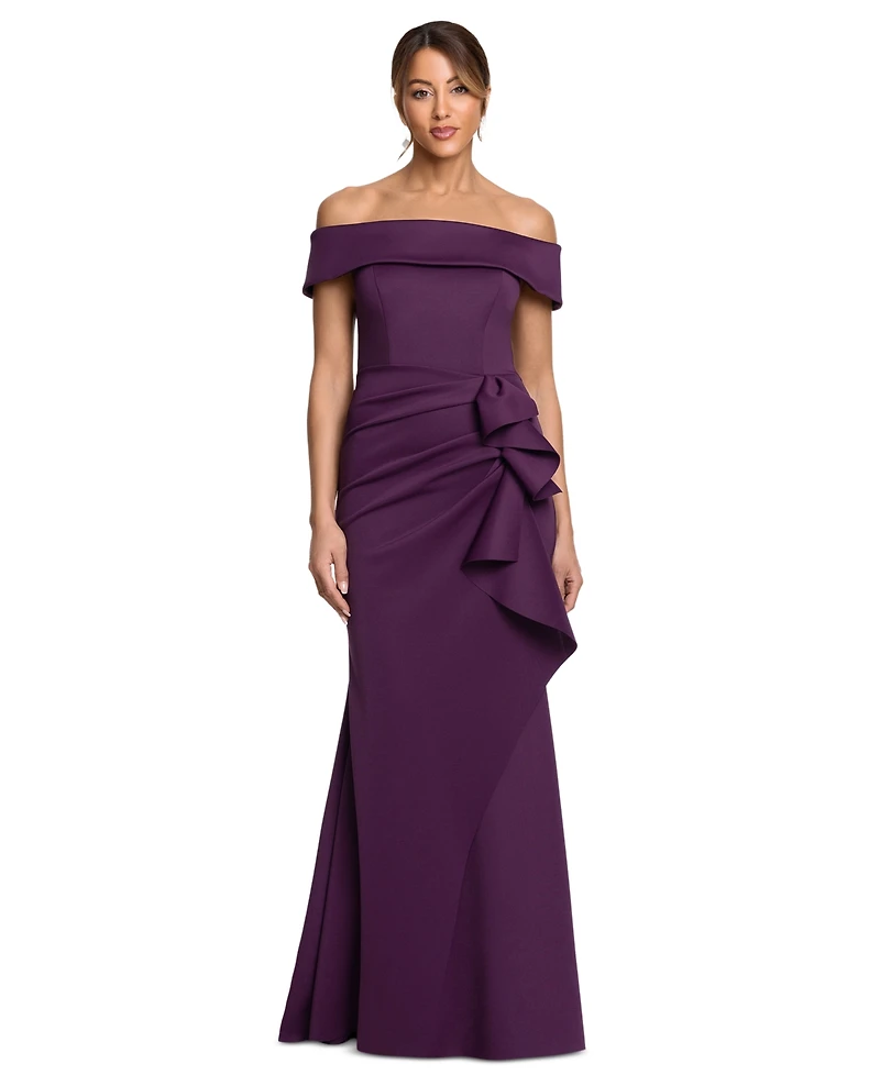 Xscape Women's Scuba Off-the-Shoulder Side Ruffle Gown