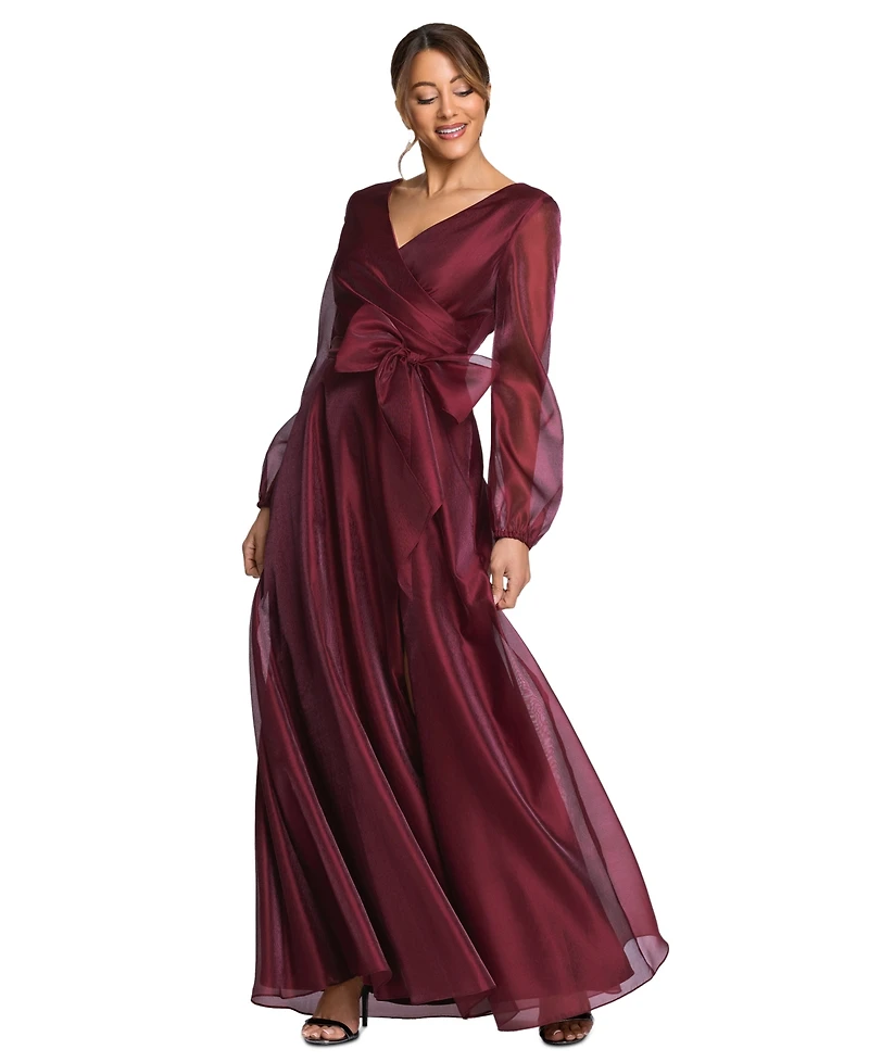 Xscape Women's Metallic Organza Long Sleeve Bow Gown