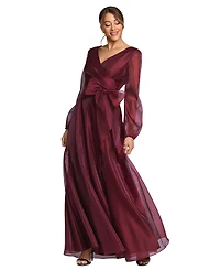 Xscape Women's Metallic Organza Long Sleeve Bow Gown