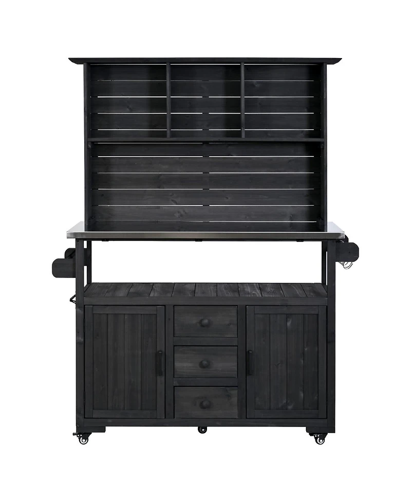 Streamdale Furniture 65"H Large Garden Potting Bench With Stainless Steel Top And Lockable Wheels