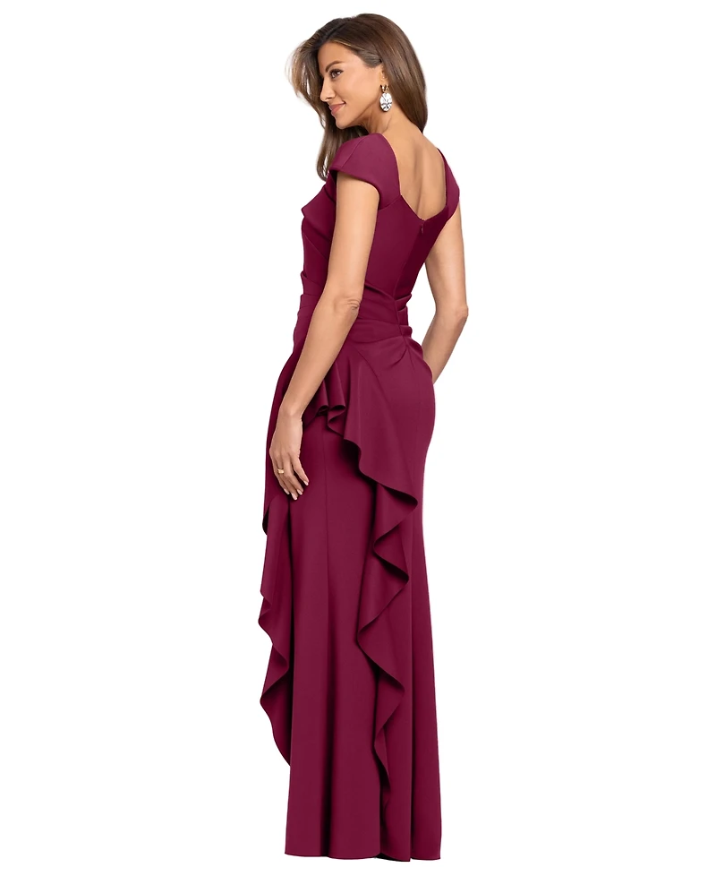 Xscape Petite Asymmetrical Neck Scuba Ruffle Sheath Gown