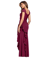 Xscape Petite Asymmetrical Neck Scuba Ruffle Sheath Gown