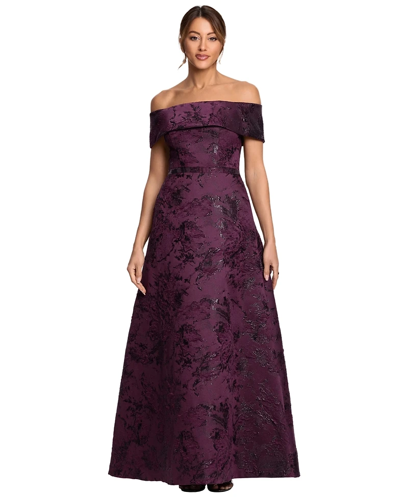 Xscape Petite Off-the-Shoulder Metallic Brocade A-Line Gown
