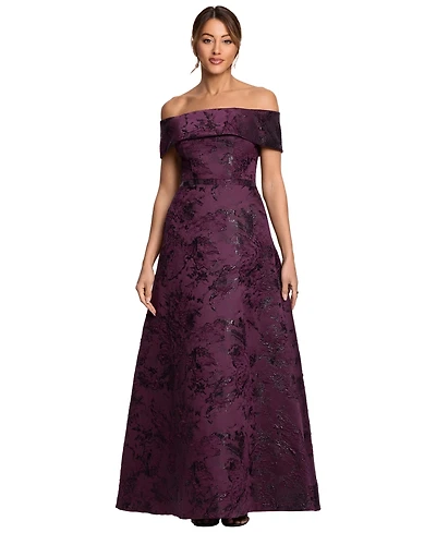 Xscape Petite Off-the-Shoulder Metallic Brocade A-Line Gown