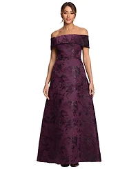 Xscape Petite Off-the-Shoulder Metallic Brocade A-Line Gown