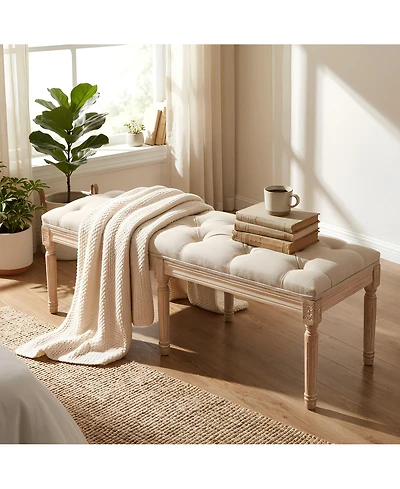 Maison Boucle French Country Tufted Bedroom Bench, 47.2" Cream Linen Upholstered End of Bed Bench, Solid Wood Carved Legs, Entryway Shoe Bench Seat