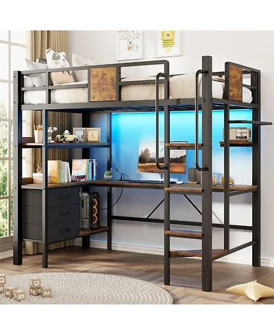 gaomon Twin Loft Bed with Desk, Stairs, Led Lights, Charging Station, 3 Drawers and 2 Shelves for Kids Teens