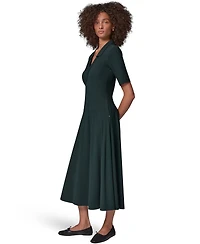 Donna Karan Weekend Women's V-Neck A-Line Midi Dress with Pockets