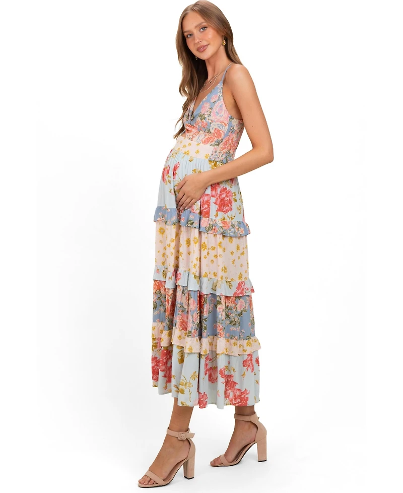 Pinkblush Women's Multi V Neck Twist Front Tiered Maxi Dress