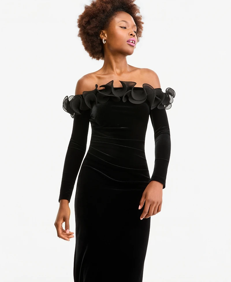 Xscape Women's Off-the-Shoulder Velvet Ruffled Gown