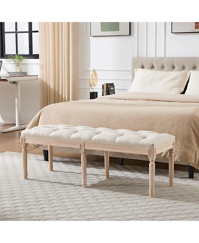Clihome 47.2 Inch Vintage Tufted Bench, Linen Upholstered End of Bed Bench Entryway Shoe Bench