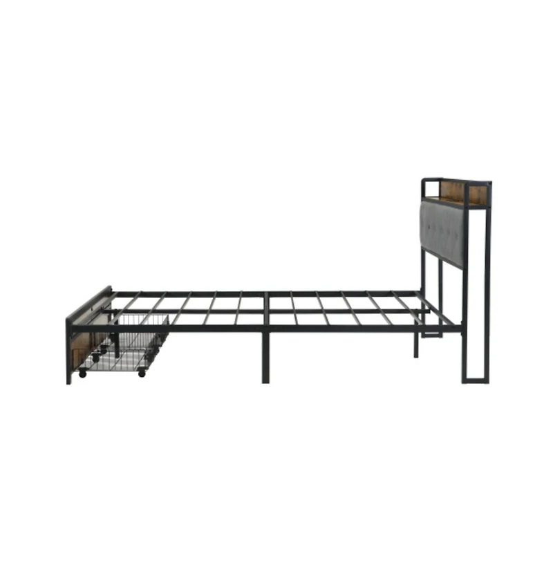 Lucky One Queen Size Platform Bed Frame with Upholstered Headboard, Led Lights, Usb Outlets, 2 Storage Drawers, No Box Spring Needed