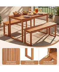 Yiortwo 3 Piece Acacia Wood Patio Dining Set with Table and 2 Benches Seats 4 for Garden Yard Poolside