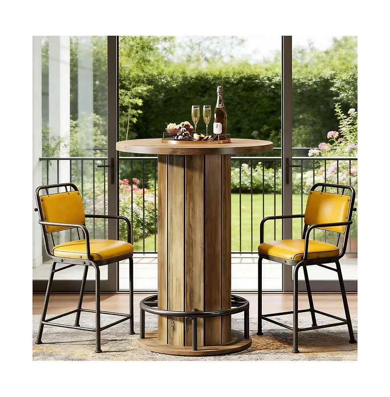 Yiortwo Round Wood Grain Bar Pub Table with Metal Footrest for Home Cafe Commercial Use Only Table