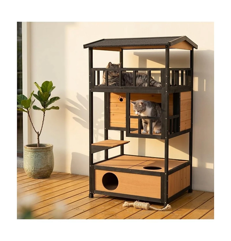Ruie Wooden Outdoor Cat House Feral Cat Shelter with Asphalt Roof