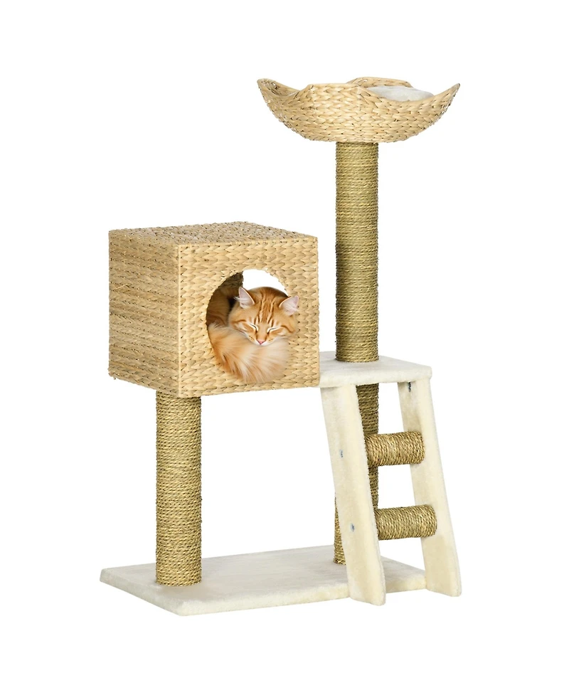 Ruie Woven Cat Tree Tower with Rattan Condo Wicker Bed and Ladder