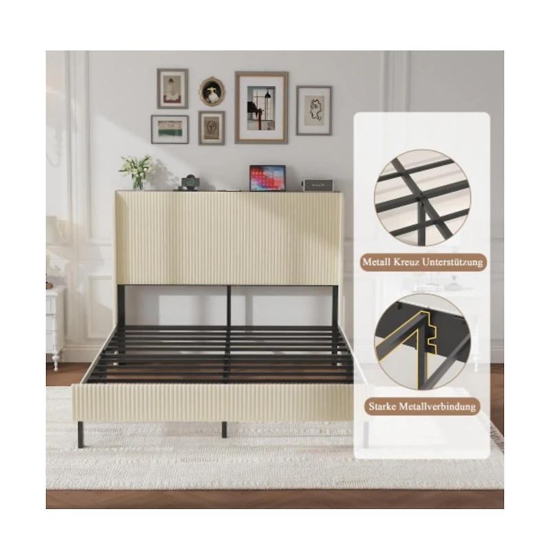 Lucky One Full Size Metal Platform Bed Frame with Storage Headboard, Usb Charging, Heavy Duty Metal Slats, No Box Spring Needed