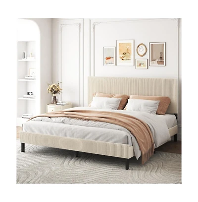 Lucky One King Size Platform Bed Frame with Upholstered Headboard, Sturdy Metal Frame, Wood Slats, No Box Spring Needed, Easy Assembly