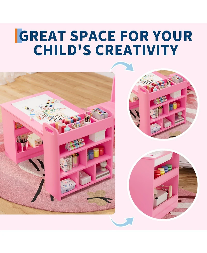 homfan Multi Functional Kids Art Table and 2 Chairs Set, Wooden Craft Desk with Large Storage Shelves for Drawing, Learning Activities