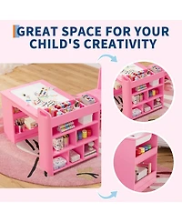 homfan Multi Functional Kids Art Table and 2 Chairs Set, Wooden Craft Desk with Large Storage Shelves for Drawing, Learning Activities