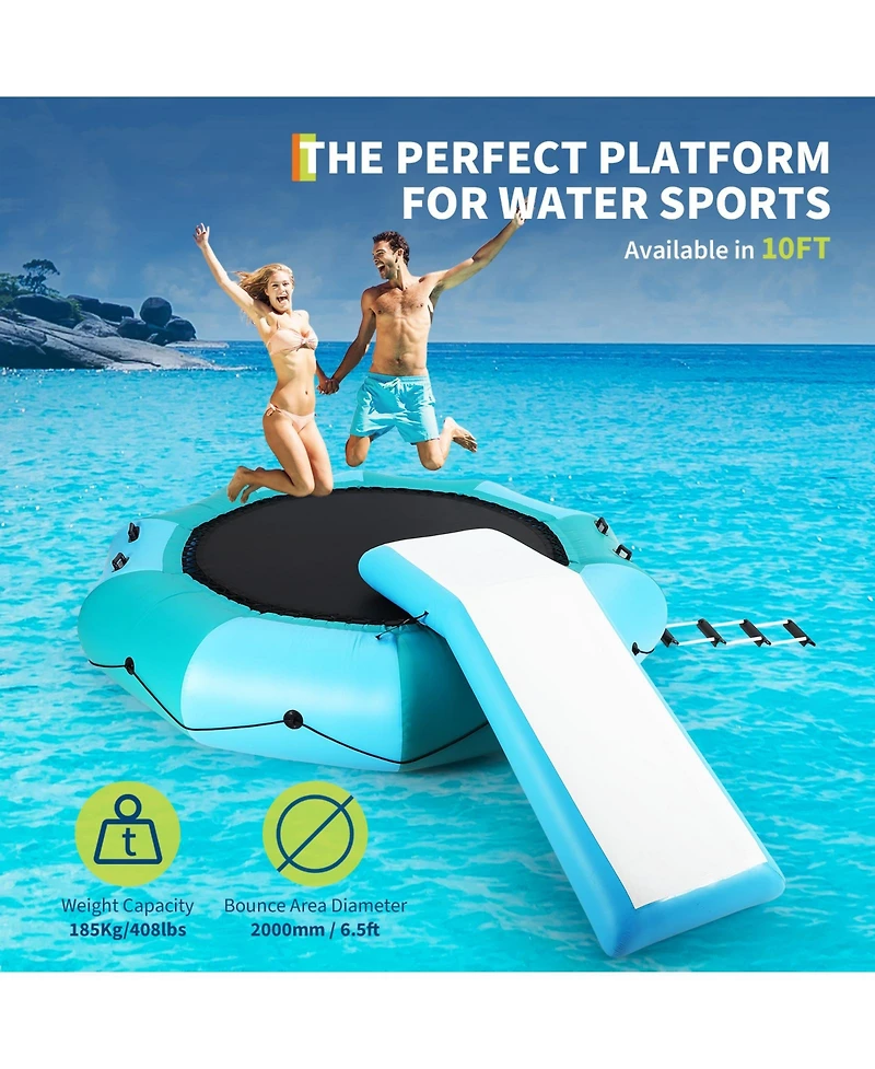 homfan Inflatable Water Trampoline, 10 Foot Floating Water Trampoline with 4 Step Rope Ladder and Anchor Bags for Lake Pool or Ocean
