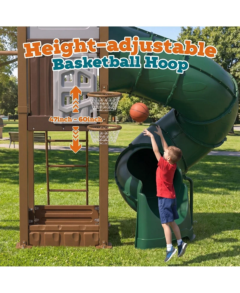 homfan Swing Set for Backyard, Kids Outdoor Playhouse Equipment with Turbo Tube Slide and Basketball Hoop