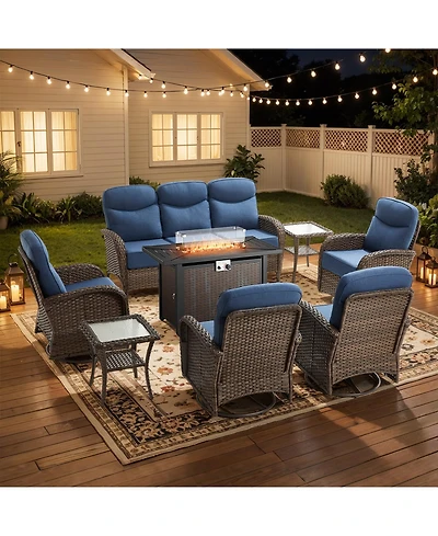 Pocassy 8 Piece Outdoor Furniture Set with 6-inch Cushions, Wicker Conversation Swivel Rocker Chairs and Ottomans, High Back