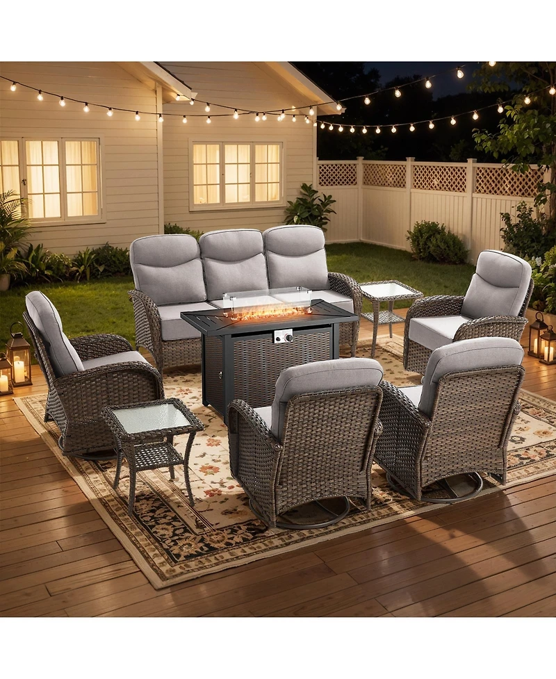 Pocassy 8 Piece Outdoor Furniture Set with 6-inch Cushions, Wicker Conversation Swivel Rocker Chairs and Ottomans, High Back