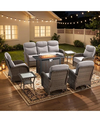 Pocassy 8 Piece Outdoor Furniture Set with 6-inch Cushions, Wicker Conversation Swivel Rocker Chairs and Ottomans, High Back
