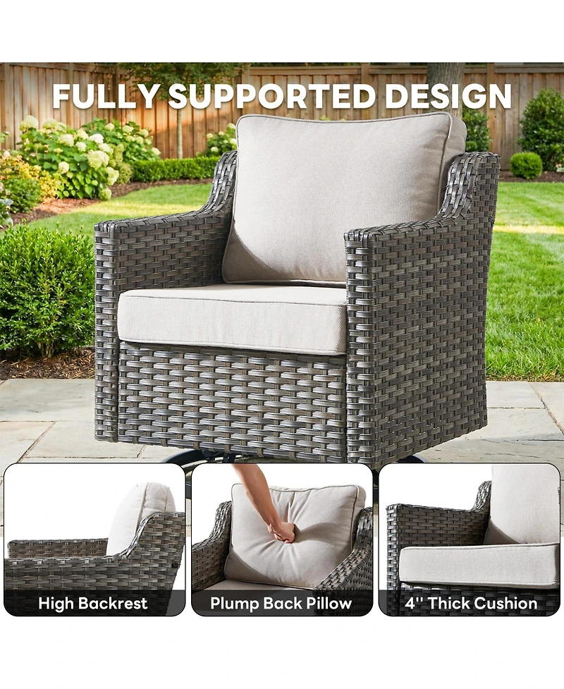 Pocassy 7-Piece Outdoor Conversation Set with Fire Pit Table, 4 Swivel Rocking Chairs and 2 Side Tables, All-Weather Pe Rattan and Steel Frame