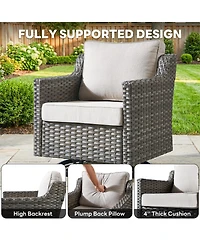 Pocassy 7-Piece Outdoor Conversation Set with Fire Pit Table, 4 Swivel Rocking Chairs and 2 Side Tables, All-Weather Pe Rattan and Steel Frame