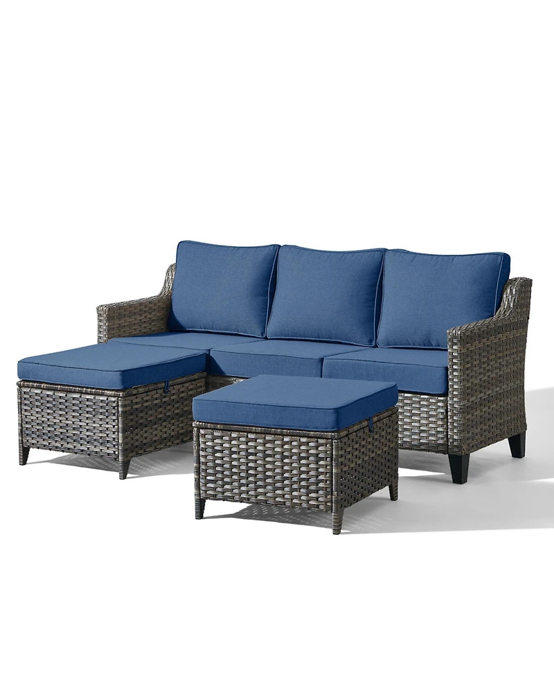 Pocassy 3 Pieces Patio Furniture Set All-Weather Outdoor Wicker Sofa Couch Patio Furniture with Cushion and Wicker Ottomans