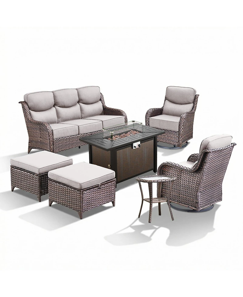 Pocassy Piece Outdoor Patio Furniture with Fire Pit Set,Wicker Sofa Set Rocking Chairs Ottomans,6inch Thick Cushions