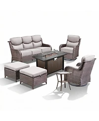 Pocassy Piece Outdoor Patio Furniture with Fire Pit Set,Wicker Sofa Set Rocking Chairs Ottomans,6inch Thick Cushions
