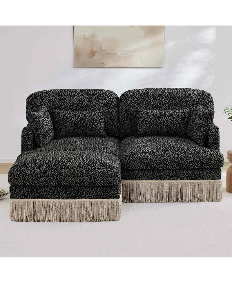 Maison Boucle Deep Seat Loveseat Sofa with Movable Ottoman, Leopard Print Chenille, Tassel Skirt Trim, Easy Assembly