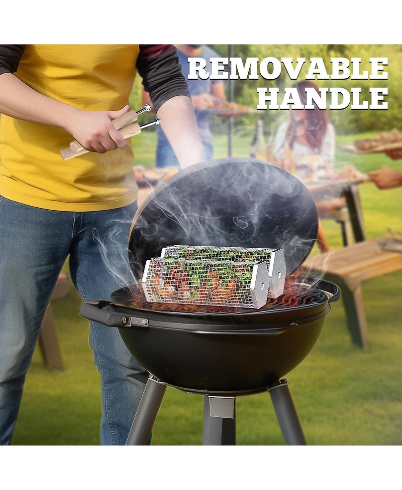 Xdovet Rolling Grill Basket Removable Wooden Handle Stainless Steel Bbq Tool