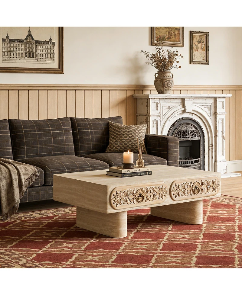 Clihome Modern Round Corner Coffee Table with Patterned Wood Drawer, Mdf Low Profile Accent Table